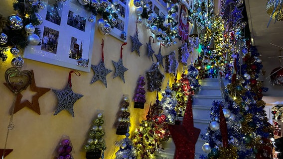 Eine Treppe im Haus der Familie Jeromin ist mit Weihnachtsbäumen dekoriert. © NDR Foto: Larissa Mass