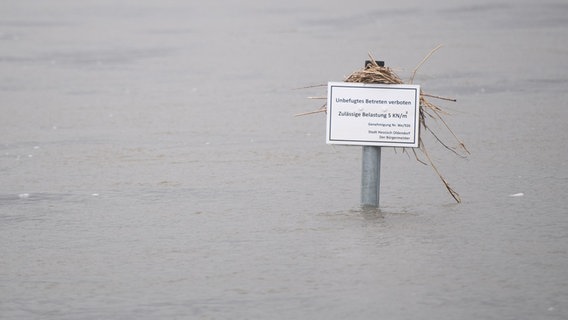 Ein Schild mit der Aufschrift "Unbefugtes Betreten verboten" ragt aus der hochwasserführenden Weser bei Hessisch Oldendorf. © dpa Foto: Julian Stratenschulte