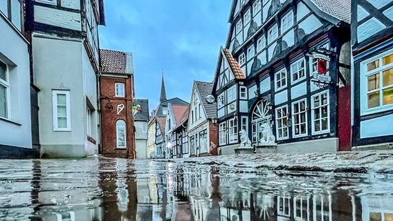In einer Pfütze spiegelt sich die Nienburger Altstadt. © NDR Foto: Tanja Scheer