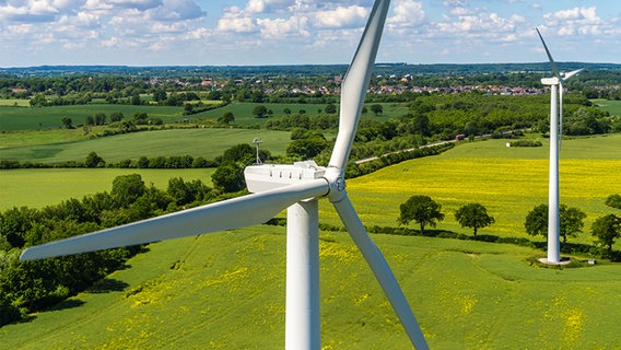 Eine Luftaufnahme zweier Windräder in einem Rapsfeld. © fotolia / Tim Siegert batcam Foto: Tim Siegert