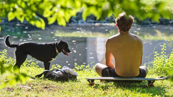 Ein junger Mann sitzt auf einem Skateboard mit seinem Hund an einem Teich. © picture alliance/dpa Foto: Sebastian Gollnow