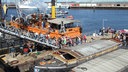 Pontonanlage des Hafenmuseums mit Kastenschute und „Sauger IV“, Hamburg Fotograf: Achim Quaas, Hafenmuseum Hamburg