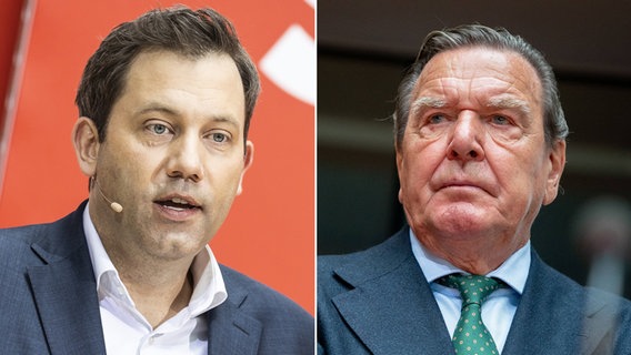 Eine Bildcollage zeigt den SPD-Bundesvorsitzenden Lars Klingbeil und den ehemaligen Bundeskanzler Gerhard Schröder. © picture alliance/dpa Foto: Florian Gaertner, Kay Nietfeld