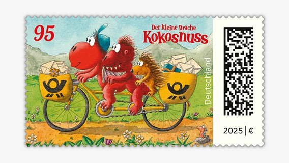 Der kleine Drache Kokosnuss als 95 Cent Briefmarke. © Ingo Siegner/Caligari/cbj Verlag 