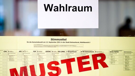 Ein Schild mit der Aufschrift «Wahlraum» und ein Musterstimmzettel hängen am Zugang zu einer Grundschule, in der ein Wahllokal für die Kommunalwahl untergebracht ist. © dpa-Bildfunk Foto: Hauke-Christian Dittrich