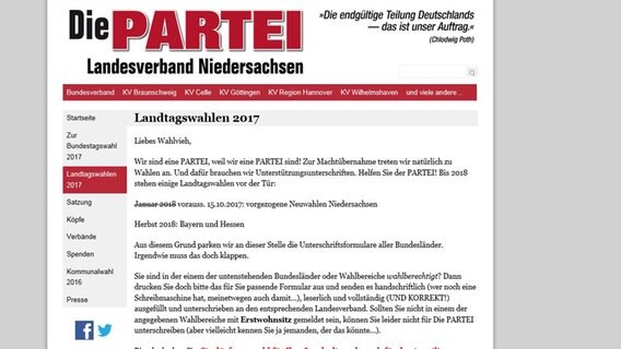Der Webauftritt des Landesverbands der Partei 'Die PARTEI'. © Die PARTEI Niedersachsen 