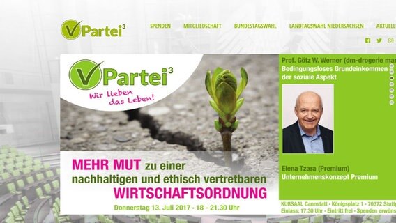 Der Webauftritt der Partei 'V-Partei³ - Partei für Veränderung, Vegetarier und Veganer' © V-Partei³ Niedersachsen 