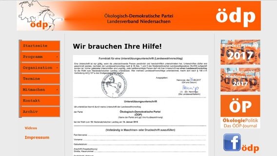 Der Webauftritt des Landersverbands Niedersachsen der Partei 'Ökologisch Demokratische Partei (ödp)' © Ökologisch Demokratische Partei Niedersachsen 