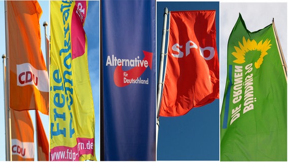 Die Flaggen der Parteien CDU, SPD, AfD, FDP und Grüne © Julian Stratenschulte Foto: Julian Stratenschulte