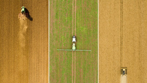 Eine Kombo aus Luftaufnahmen zeigt Landwirte bei der Feldarbeit. © dpa-Bildfunk Foto: Julian Stratenschulte