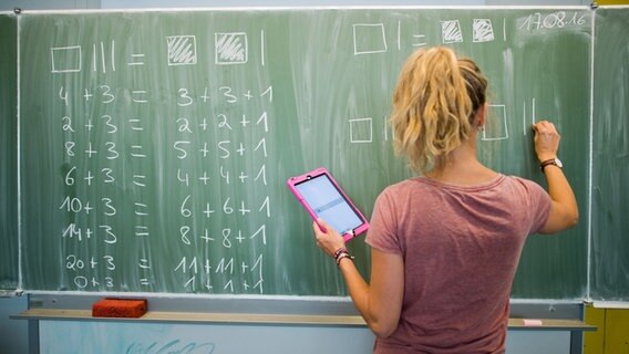 Eine junge Lehrerin schreibt an eine Schultafel im Mathematikunterricht. © picture alliance/dpa | Julian Stratenschulte Foto: Julian Stratenschulte
