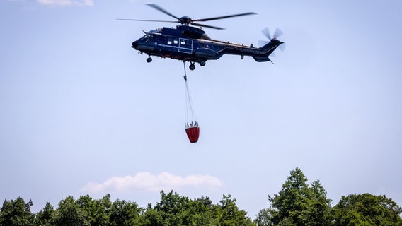 Ein Hubschrauber der Bundespolizei wirft Löschwasser zur Bekämpfung eines Waldbrands auf einem ehemaligen mit Munition verseuchten Truppenübungsplatz ab. © dpa Foto: Jens Büttner