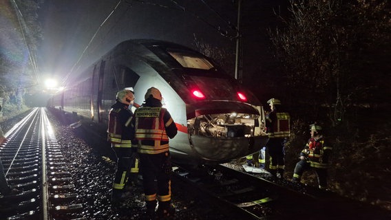 In der Nähe von Lüneburg: Feuerwehr·leute stehen vor einem ICE auf einer Bahn·strecke nach einem Blitz·einschlag in einer Oberleitung. © Gemeindefeuerwehr Bienenbüttel 