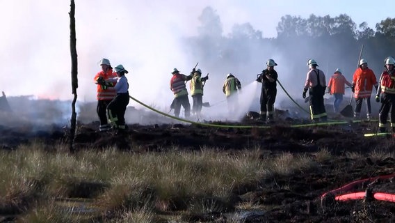 Feuerwehrleute löschen ein brennendes Moor. © Hellwig TV Elbnews Produktion 
