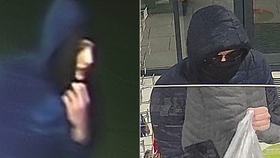 Ein Bildkombo zeigt die Bilder von zwei Personen aus einer Überwachungskamera in einer Tankstelle. © Polizeiinspektion Lüneburg/Lüchow-Dannenberg/Uelzen 