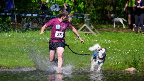 Ein Mann in Sportkleidung läuft mit einem Hund ins Wasser. © Philipp Schulze/dpa Foto: Philipp Schulze