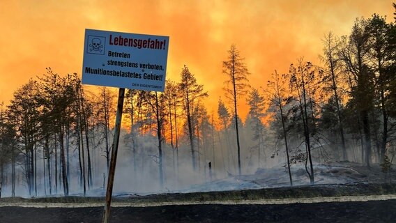 "Lebensgefahr! Betreten strengstens verboten, Munitionsbelastetes Gebiet" steht auf einem Schild, im Hintergrund steigen Rauch und Flammen aus einem Waldgebiet. © dpa Foto: Thomas Schulz