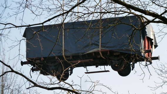 Ein Güterwagen ist hinter einem Baum zu erkennen. Er hängt an einem Kran. © NDR Foto: Karin Hansen