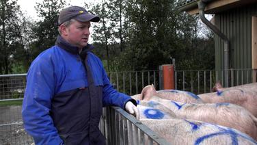 Landwirt Lars Prigge steht am Außenbereich seines Sauenstalls. © NDR 