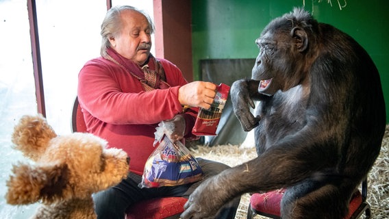Der Schimpanse Robby und der Zirkusdirektor Klaus Köhler und der Hund Teddy spielen im Gehege. © dpa Bildfunk Foto: Sina Schuldt