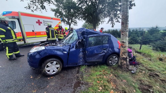 Ein zerstörter Pkw steht nach einem Unfall neben einem Baum. Ein zerstörter Pkw steht nach einem Unfall neben einem Baum. © Polizeiinspektion Stade
