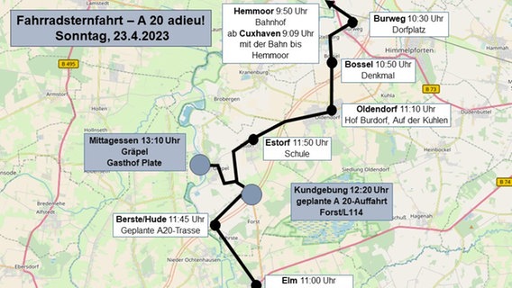 Das Bild zeigt die Routen einer Sternfahrt gegen den Autobahnneubau in Niedersachsen. © BUND 