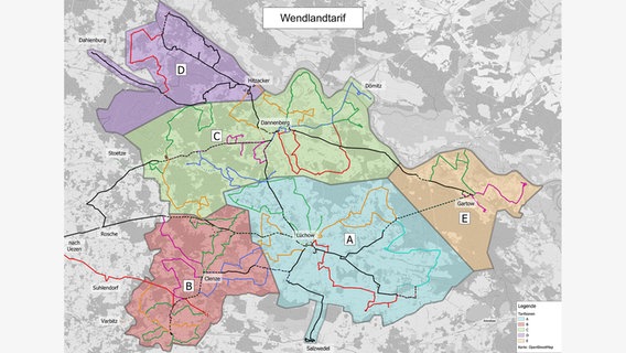 Karte zum "Wenlandtarif" (Tarifzonen im Wendland). Karte zum "Wenlandtarif" (Tarifzonen im Wendland). © Landkreis Lüchow-Dannenberg