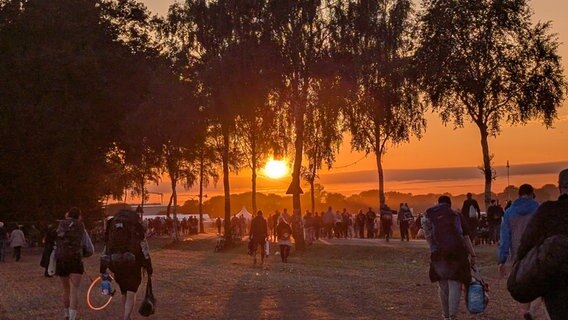 Gäste des Hurricane-Festivals stehen im Sonnenuntergang. © NDR Foto: Wiebke Krenz