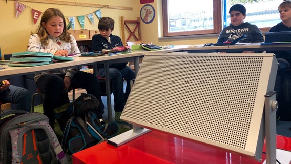 Kinder sitzen an Bänken in einem Klassenzimmer, in der Mitte steht ein Luftfilter. © NDR Foto: Torben Hildebrandt