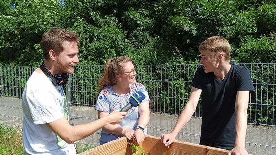 Reporter Jann-Jakob Loos im Gespräch mit Schüler*innen am Hochbeet an der JPE-Realschule in Winsen.  