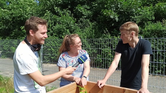 Reporter Jann-Jakob Loos im Gespräch mit Schüler*innen am Hochbeet an der JPE-Realschule in Winsen. Reporter Jann-Jakob Loos im Gespräch mit Schüler*innen am Hochbeet an der JPE-Realschule in Winsen.