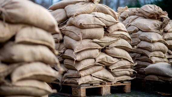 Mehrere Sandsäcke liegen auf Stapeln auf Holzpaletten in Oldenburg. © dpa - Bildfunk Foto: Hauke-Christian Dittrich