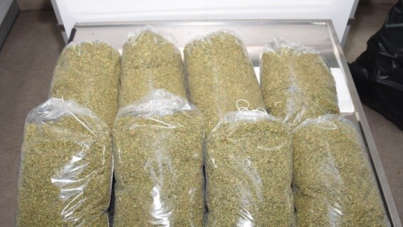 Beutel mit Blattresten von Marihuana-Pflanzen liegen auf einem Tisch. Beutel mit Blattresten von Marihuana-Pflanzen liegen auf einem Tisch. © Polizeiinspektion Diepholz