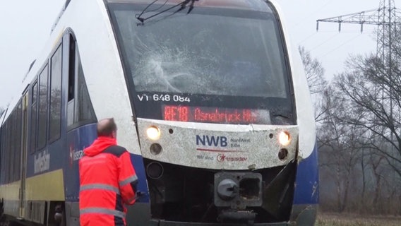 Äste hängen nach einem Unfall an der Vorderseite einer NordWestBahn. © Nord-West-Media TV 