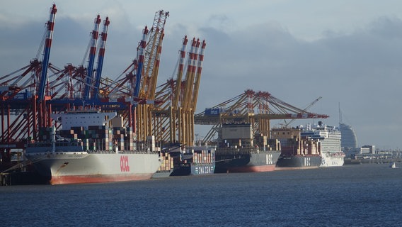 Containerschiffe werden an der Stromkaje in Bremerhaven abgefertigt. © dpa-Bildfunk Foto: Friedemann Kohler