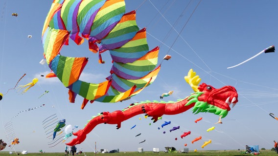 Bunte Drachen in der Luft beim Drachenfestival Dornumersiel. © dpa-Bildfunk Foto: Izabela Mittwollen