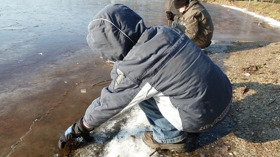 Zwei Kinder spielen mit Eisstücken. © NDR Foto: Sinja Schütte