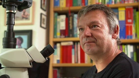 Der Forscher Jens-Hermann Stuke sitzt vor einem Mikroskop. © NDR 