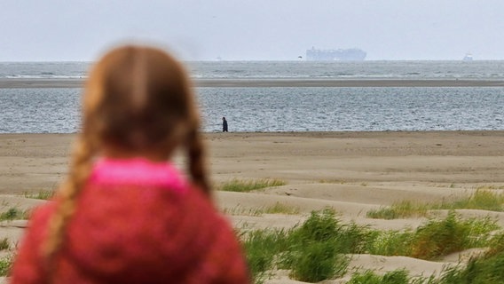 Ein Kind schaut am Strand von Schiermonnikoog Richtung Wasser. Am Horizont ist der Frachter "Fremantle Highway" zu sehen. © vifogra/dpa Foto: Anton Kappers