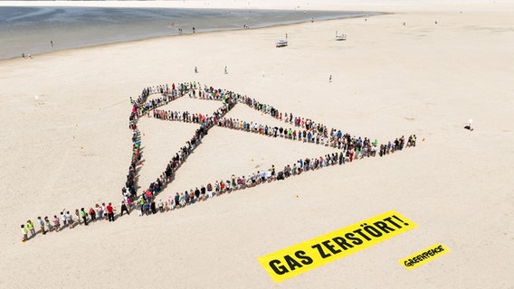 Menschen protestieren in einer Bohrturm-Formation am Strand von Borkum gegen Gasförderungen vor (Luftaufnahme). © Lucas Wahl / Greenpeace Foto: Lucas Wahl / Greenpeace