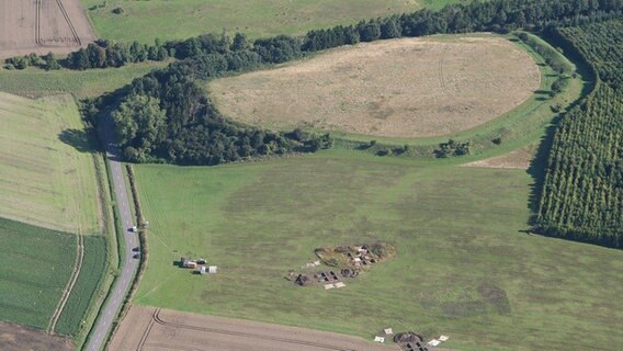 Luftaufnahme des archäologischen Fundorts der Hünenburg bei Watenstedt im Landkreis Helmstedt. Im unteren Teil des Bildes sind Ausgrabungen zu sehen. Der umwachsene Platz gibt Hinweise auf die Burganlage. © picture alliance Foto:  picture alliance