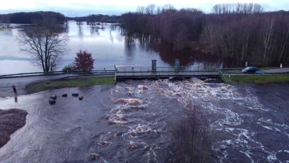 Hochwasser an der Hunte. Ein Auto fährt über eine Brücke. © Nord-West-Media TV 