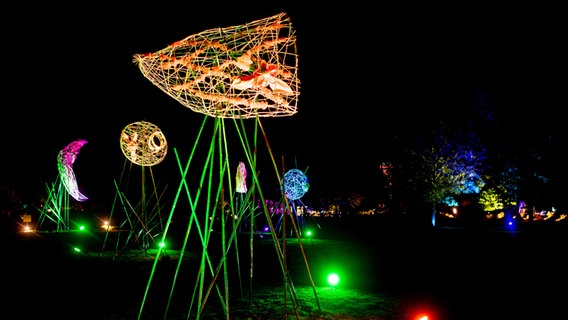 Mehrere illuminierte Installationen stehen im Park der Gärten auf einer Rasenfläche. © dpa-Bildfunk Foto: Hauke-Christian Dittrich