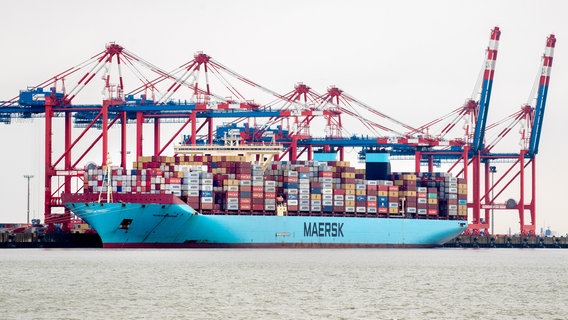 Das Containerschiff Morten Maersk der dänischen Reederei Maersk Line liegt an einer Kaimauer am Containerterminal JadeWeserPort. © picture alliance Foto: Hauke-Christian Dittrich/dpa