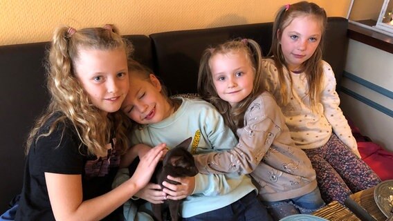 Emma, Jelle, Svea und Philippa genießen das Schmusen mit Samira. © NDR Foto: Jutta Przygoda