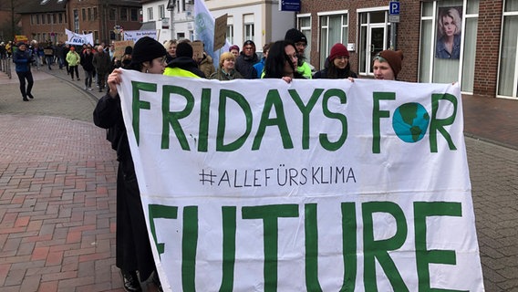Teilnehmer einer Klimastreik Demonstration in Vechta tragen ein Transparent mit der Aufschrift "Fridays for Future". © NDR Foto: Thomas Schwierzi