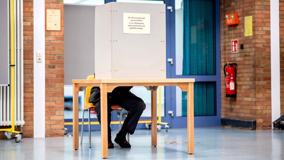 Ein Wähler sitzt in einem Wahllokal, das im Foyer einer Grundschule untergebracht ist, in der Wahlkabine und füllt seinen Stimmzettel für die Kommunalwahl aus. © dpa-Bildfunk Foto: Hauke-Christian Dittrich