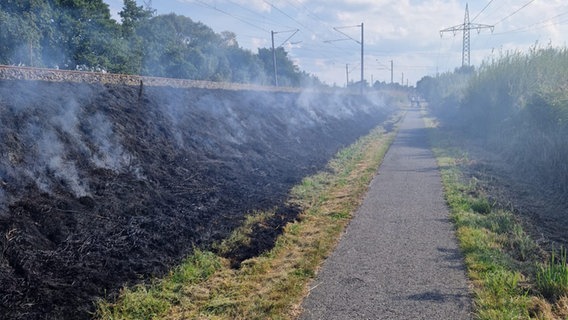 An einer Bahnstrecke brennt die Böschung. © Feuerwehr Landkreis Leer 