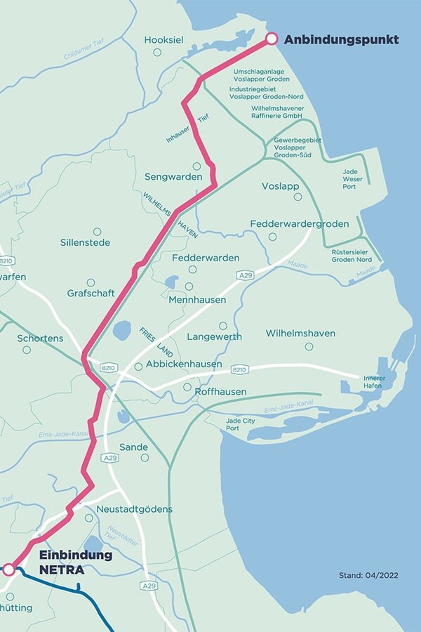 Auf einer Karte ist der geplante Verlauf der LNG-Anschlussleitung vom LNG-Terminal in Wilhelmshaven eingezeichnet. © LBEG 
