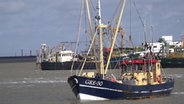 Ein Miesmuschelkutter fährt durch den Hafen in Norddeich. © NDR Foto: Jessika Holzhausen